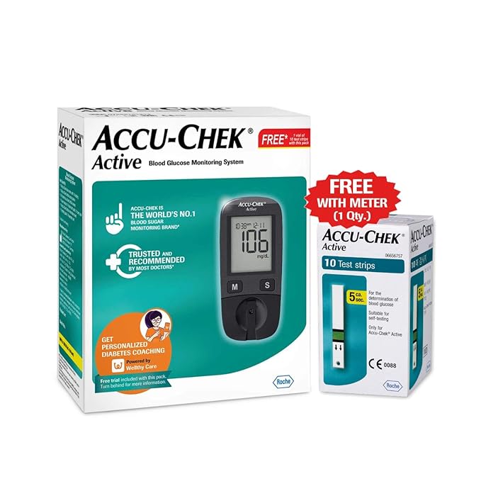 Accu-Chek Active Blood Glucose Glucometer Kit With Vial Of 10 Strips, 10 Lancets And A Lancing Device Free For Accurate Blood Sugar Testing