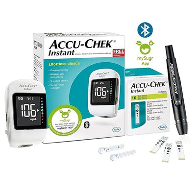 Accu-Chek Instant Blood Glucose Glucometer (with Bluetooth) with Vial of 10 Strips, 10 Lancets and a Lancing Device FREE for Accurate Blood Sugar Testing